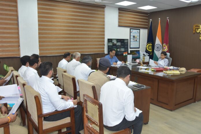 DC Preeti reviewing serious crime cases with police officers, investigating officials and legal representatives during a district-level meeting.