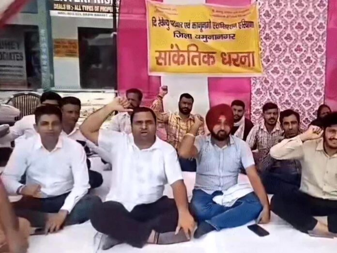 Patwaris and Kanungos participating in a protest over technical issues in Haryana's digital revenue portal in Yamunanagar