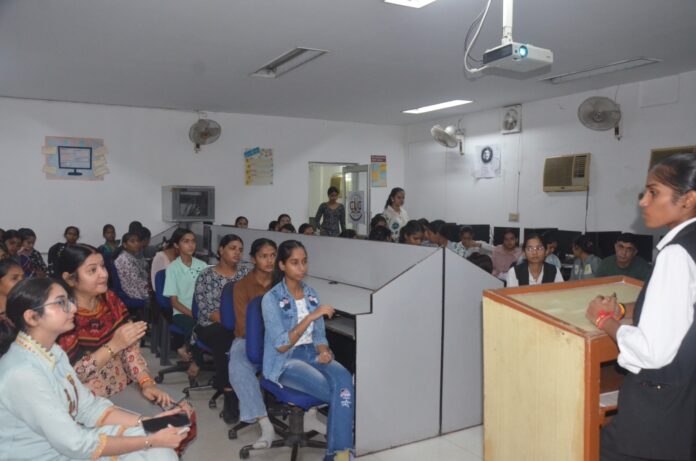 Students presenting innovative business ideas during a startup competition at DAV Girls College Yamunanagar.