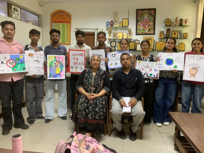 Students participating in a drug abuse awareness poster-making competition at Maharaja Agrasen College Jagadhri.