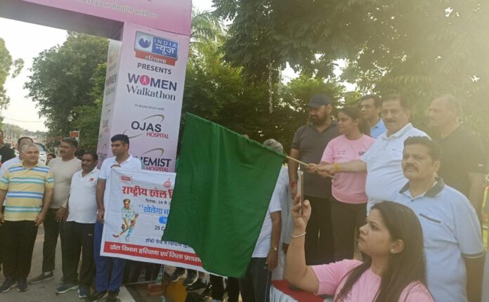 Former Haryana minister Subhash Sudha flagging off a National Sports Day cyclothon at Brahma Sarovar in Kurukshetra.