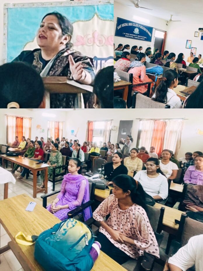 Dr Jaspreet Kaur addressing BEd students during orientation programme at Sant Nischal Singh College Santpura