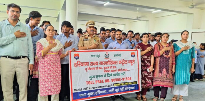 Dr Ashok Kumar Verma addresses students during anti-drug awareness programme at Hathnikund Polytechnic