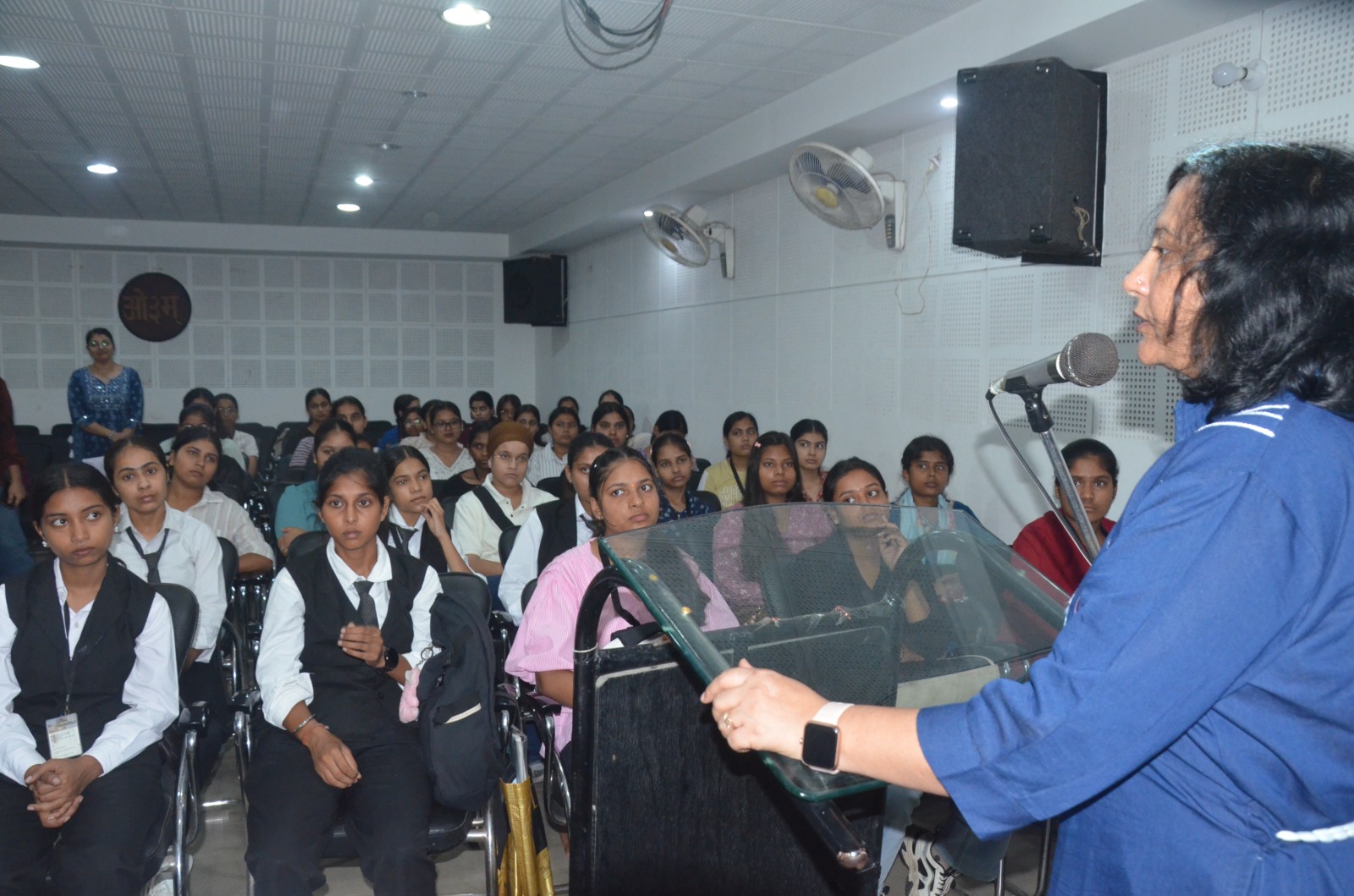 Dr Indu Kapoor addresses students during an eye health awareness session at DAV College for Girls Yamunanagar