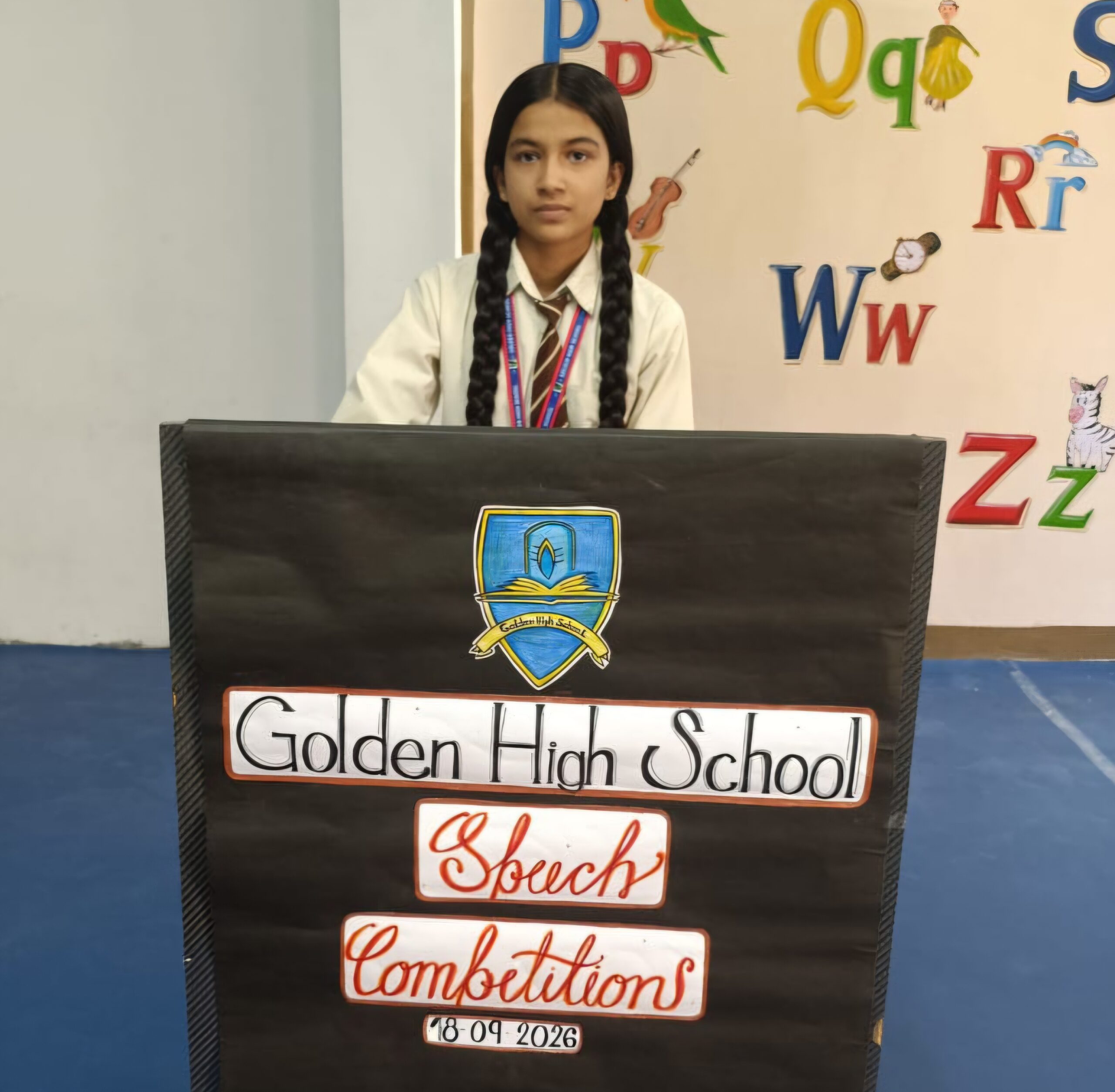 Golden High School Student Speech Competition Yamunanagar Golden High School student delivering a speech during competition in Yamunanagar