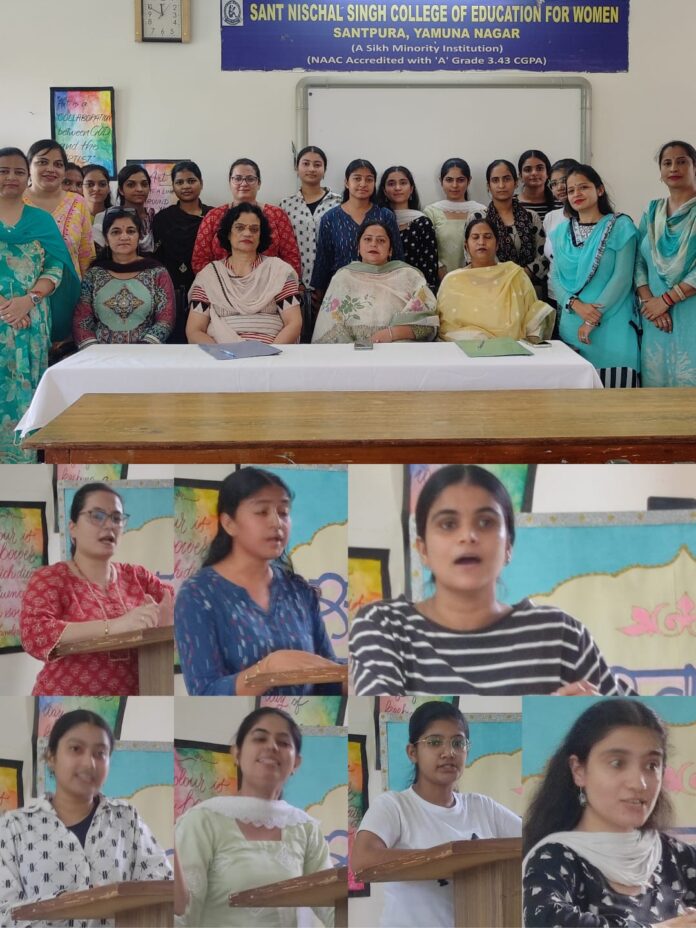 Faculty members and B.Ed students during Hindi Diwas celebrations at Sant Nischal Singh College of Education for Women, Santpura, Yamunanagar, on September 14, 2026
