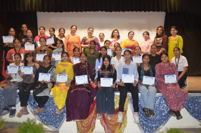 DAV Students receiving awards during the two-day Talent Hunt Competition at DAV Girls College Yamunanagar