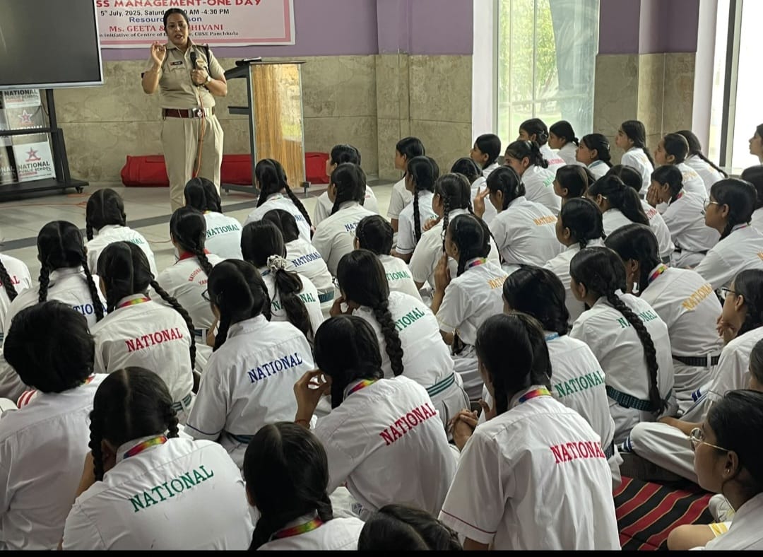 Yamunanagar Police Safe City team ASI Neelam addresses students at National Public School on child safety cyber safety and drug awareness